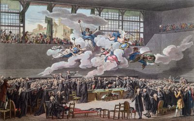 フランスのエヴォリューション（1789〜1799年）。1789年6月20日、ヴェルサイユのジュ・ド・ポームでの宣誓）（フランス革命；1789年6月20日、ヴェルサイユのテニスコートでの宣誓 作： School French