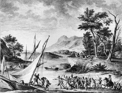 フランス革命。1793年7月25日、ノヴァテでフランス大使Charles Louis Huguet de Semonville (1759-1839)とHugues Bernard Maret (1763-1839)が逮捕される。デュプレッシ-ベルトーによる版画とデッサン。パリ、フランス革命史研究所の図書館 作： School French