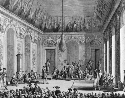 フランス革命。30 Brumaire An IV (1795年11月21日)の行政権を持つ政治体制である行政委員会の聴聞会。パリ、革命史研究所の図書館 作： School French