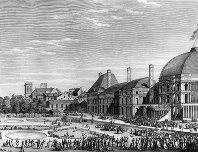 フランス革命。1794年6月8日、シャンゼリゼで行われたマクシミリアン・ド・ロベスピエール（1758-1794）率いる最高位の存在の共和党の祭り。パリ、革命史研究所の図書館 作： School French