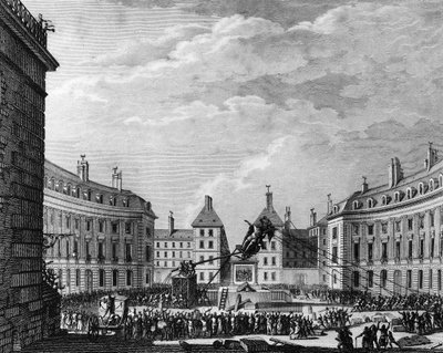 フランス革命。11日、パリで国王ルイ14世の銅像が勝利のために撃ち落とされる 作： School French