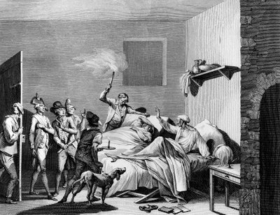フランス革命と反革命運動。Loiserolles filsは、1794年7月26日に革命裁判所で彼の身代わりとなった父親に救われ、彼のためにペリットした。パリ、革命史研究所の図書館 作： School French