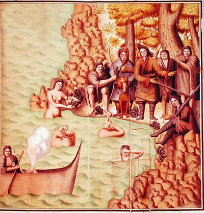フランス人探検家と一緒にいるマゼラン海峡のインディアン（「Voyage de Gouin de Beauchesne」からのイラスト 作： School French