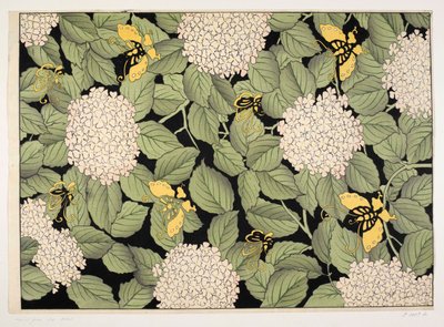 日本の花柄、「オルガ・ハーシュ装飾紙コレクション」のイラスト（カラー木版画） 作： School French