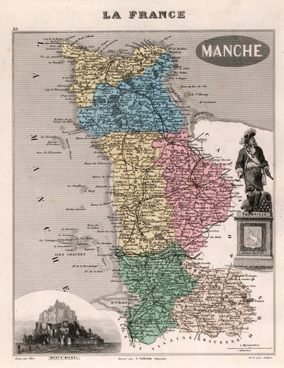 フランス「バス・ノルマンディー」地方の地図（リトグラフ 作： School French