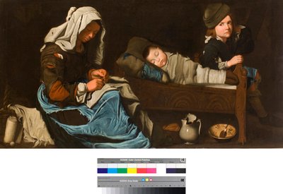 裁縫をする母親と二人の子供 フランスの学校の絵画 個人蔵 作： School French