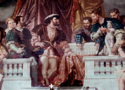 フランソワ1世（1494-1547）への新ルーヴル美術館の設計図の贈呈 フランソワ1世は1546年頃、建築家ピエール・レスコーを迎え入れました。パリ、ルーヴル美術館、リシュリュー翼の大サロン・ナポレオン3世のフレスコ画 作： School French