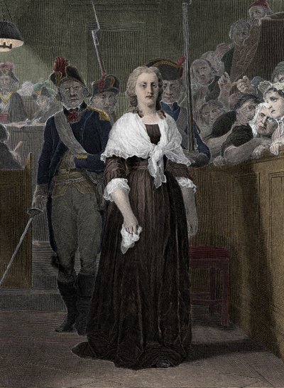 王妃マリー・アントワネット（1755〜1793）革命裁判所で有罪判決」（1793年10月、革命裁判所で裁判中のフランス王妃マリー・アントワネット（1755〜1793））。 作： School French