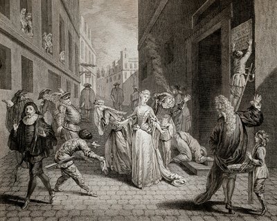 恐怖（1793〜1794年）。イタリアのコメディアン（コメディア・デラルテの登場人物を演じる）が、パリの劇場の検閲によりパリ市内から狩り出される。エングレーヴィング個人蔵 作： School French