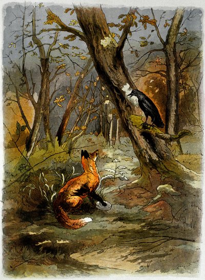 ラ・フォンテーヌ寓話集』より「カラスとキツネ」（版画） 作： 学校フランス語