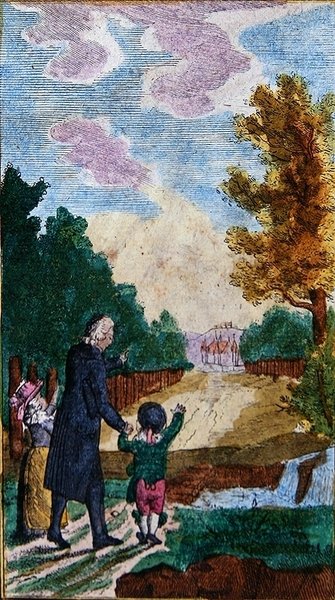 先生と一緒にいる子供たち（「Le Nouveau Chemin du Plaisir」より）18世紀後半から19世紀前半にヌエルンベルクで出版された彩色木版画。 作： School German