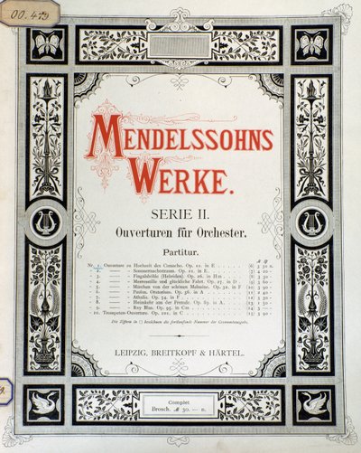フェリックス・メンデルスゾーン作曲の楽譜「Ouverture Op.10 for orchestra」の表紙（カラーリトグラフ）。 作： School German
