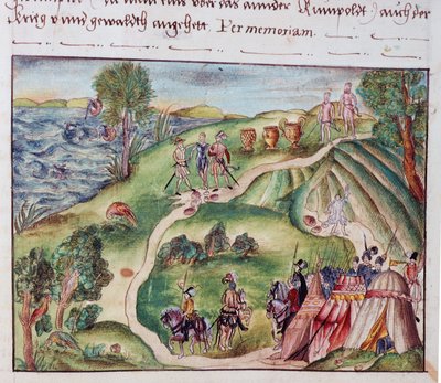 MS Add.15217 fol.40 ニュルンベルクの Coeler 家族の回顧録のコレクションからのスペインの野営地のあるベネズエラの風景 作： School German
