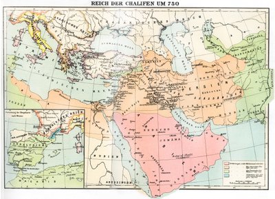 750年のカリフ帝国の地図（ユリウス・フォン・プフルーク＝ハルトゥング著「Weltgeschichte」より 作： School German