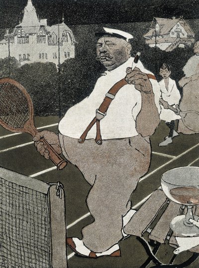 テニス：太った男性、喫煙とアルコールを飲みながらテニスをする - ドイツの漫画 作： School German
