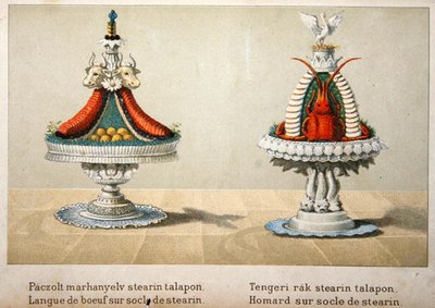 ステアリンを敷いた牛タンの盛り付けとロブスターの盛り付けのデザイン、フランス料理に関するハンガリーの料理本のイラスト、1880年頃（カラーリトグラフ） 作： School Hungarian