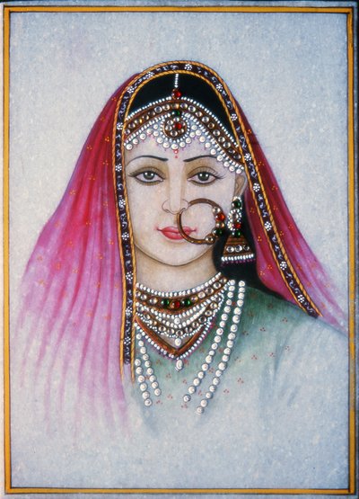 ラジャスタンの貴婦人（グワッシュ、水彩、大理石プレート） 作： School Indian