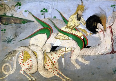 ドラゴンを攻撃する馬に乗った戦士、インドの神秘主義に関する本からのイラスト (カードに紙にインク) 作： School Indian