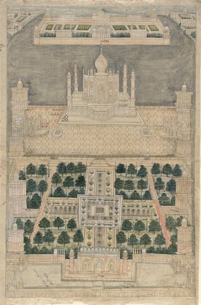 アグラのタージマハルの鳥瞰図（紙に水彩でペンとインク） 作： School Indian