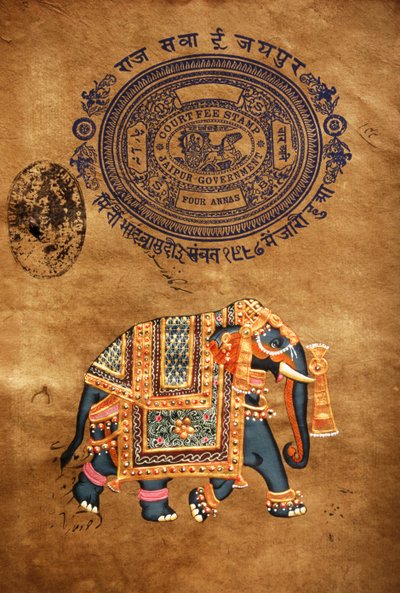 インド、ラジャスタン州、ジャイプール、象、ハンドメイド絵画と古切手紙 作： School Indian