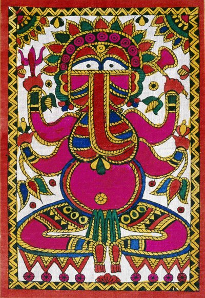 象の頭をしたガネーシュ神（布に油絵） 作： School Indian
