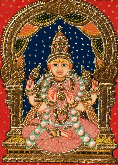 サラスヴァティー女神のエンボス、タンジョール絵画 作： School Indian