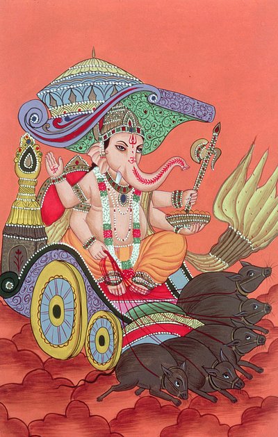 象の神ガネーシュ（紙にグワッシュ） 作： School Indian