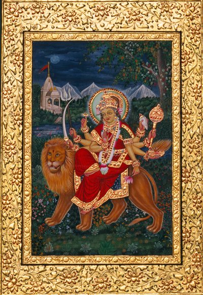ドゥルガー女神のミニチュア絵画、金色のフレーム付き 作： School Indian