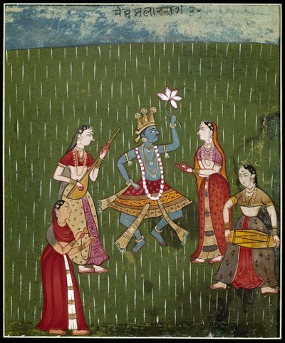 ミュージシャンと雨の中で踊るクリシュナ女神（ミニチュア 作： School Indian