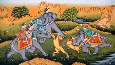 ハンティング・タイガー、ミニチュア・ペインティング・オン・ペーパー 作： School Indian