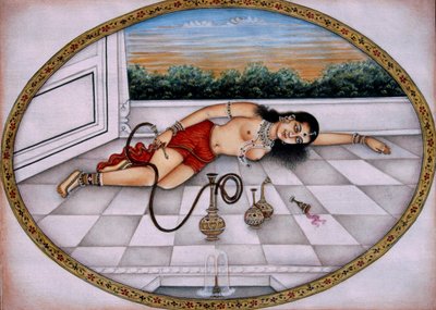 フカと飲み物を楽しむ女性 ミニチュア ペインティング 紙の上 作： School Indian