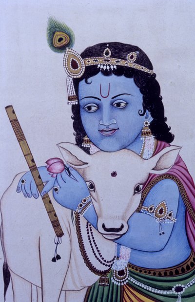 牛を連れたバル・クリシュナ神、紙にミニチュアで描く 作： School Indian