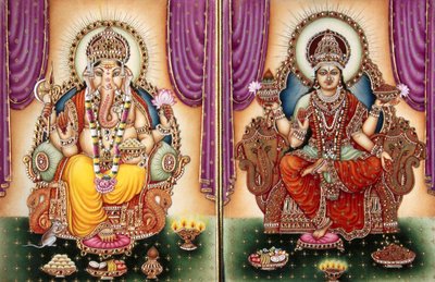 ガネーシュ神 ガンパティ女神とラクシュミーのミニチュア絵画（象牙画 作： School Indian