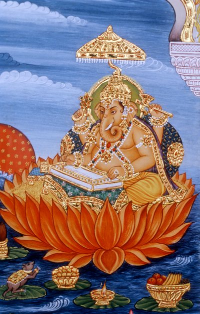 ガネーシュ神 ガンパティ ミニチュア絵画 経典を書く 作： School Indian