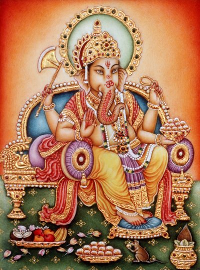 象牙に描かれたガネーシュ・ガンパティ神のミニチュア絵画 作： School Indian