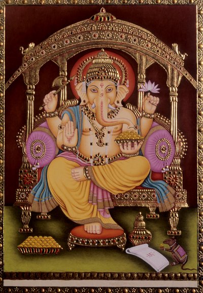 ガネーシュ神 ガンパティ ミニチュア絵画 紙本金張り 作： School Indian