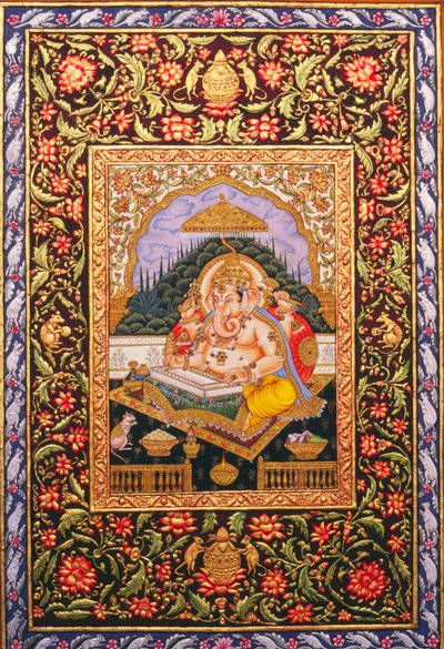 ガネーシャ神 ガンパティ ミニチュア絵画 紙本金張り 作： School Indian