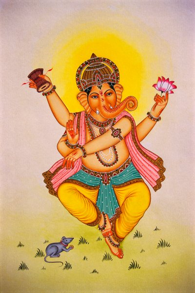 ガネーシャ神 踊るガンパティ ミニチュア絵画 紙本画 作： School Indian