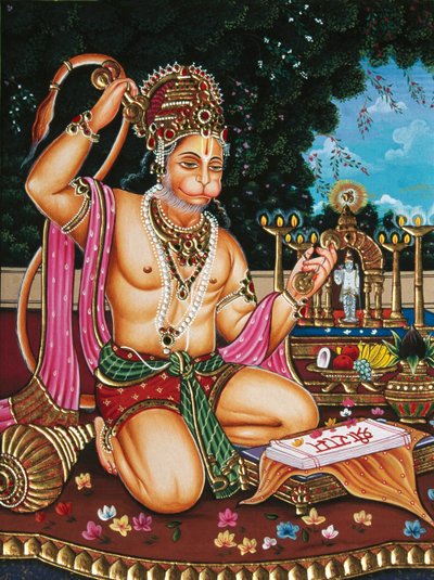 紙に描かれたハヌマーン神の細密画 作： School Indian