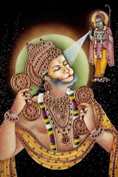 ハヌマーン神とラーマ神 紙本小品画 作： School Indian
