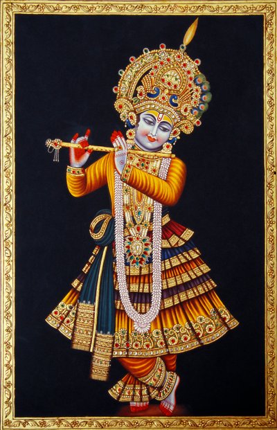 フルートを吹くクリシュナ神 紙本小品画 作： School Indian