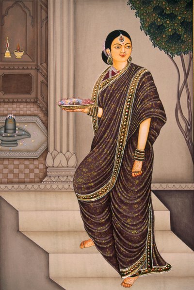 寺院に行くマラーティー族の女性 紙本小品画 作： School Indian