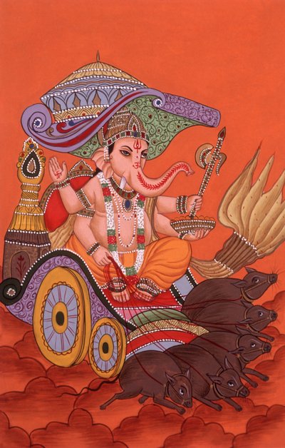 ミニチュア絵画 ゾウの頭をした神 ガネーシュ・ガンパティ インド 作： School Indian