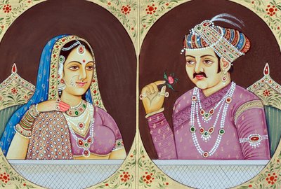 アクバルとジョダ・バイの細密画 インド・アジア 作： School Indian