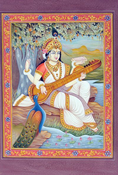サラスヴァティー女神の細密画 作： School Indian