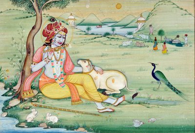 フルートを吹くクリシュナの細密画 作： School Indian