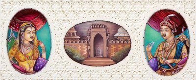 ムガル皇帝アクバルと妻ジョダ・バイの細密画 作： School Indian