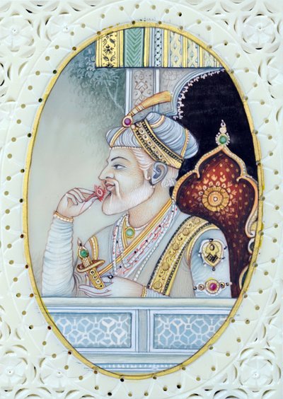 ムガル皇帝アウラングゼーブの細密画 作： School Indian