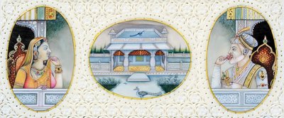 ムガル皇帝アウラングゼーブと妻メフルンニーサの細密画 作： School Indian