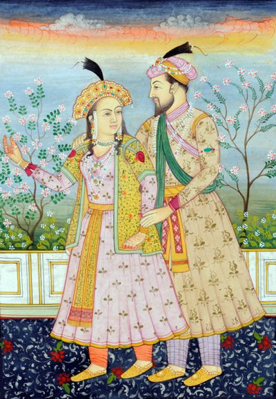 ムガール皇帝シャー・ジャハーンと妻ムムターズ・マハルの細密画 作： School Indian